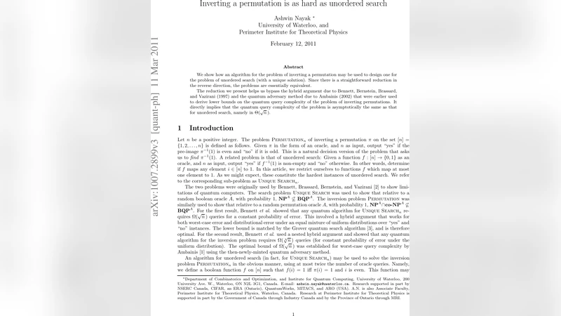 Inverting a permutation is as hard as unordered search