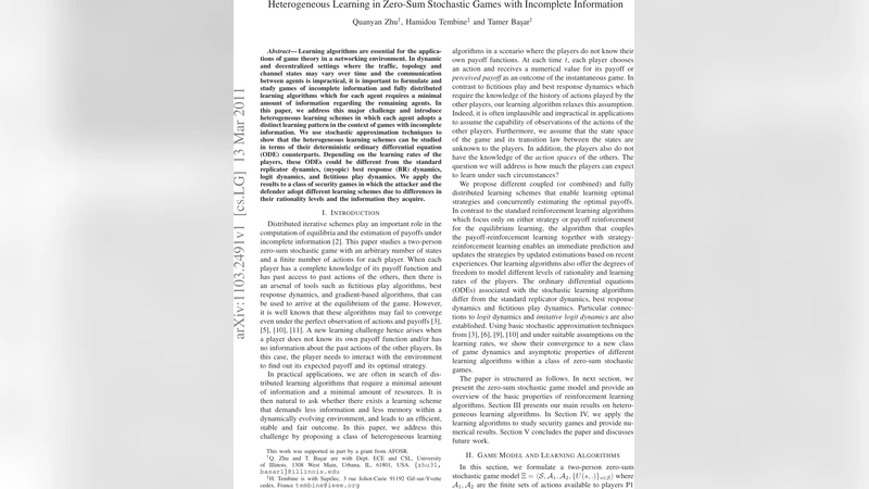 Heterogeneous Learning in Zero-Sum Stochastic Games with Incomplete   Information