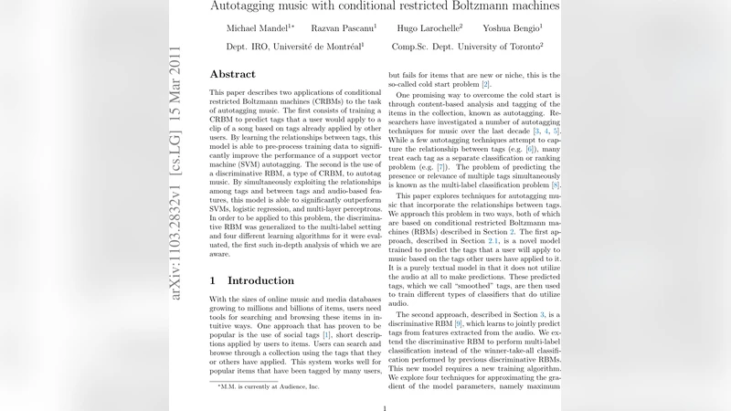Autotagging music with conditional restricted Boltzmann machines