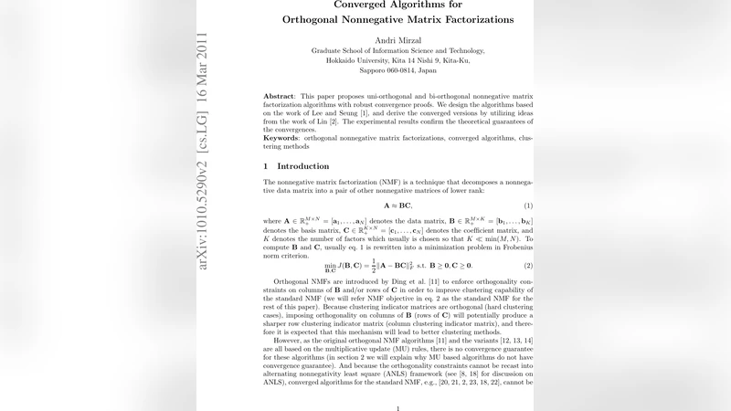 Converged Algorithms for Orthogonal Nonnegative Matrix Factorizations