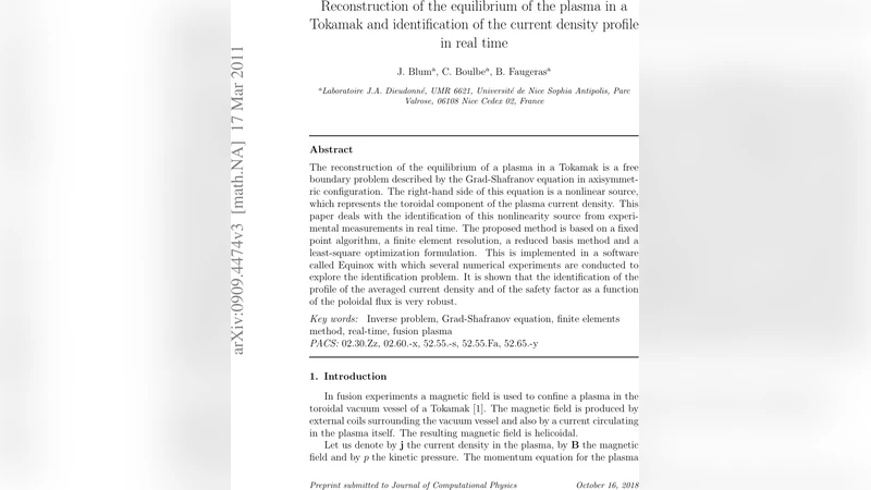 Reconstruction of the equilibrium of the plasma in a Tokamak and   identification of the current density profile in real time