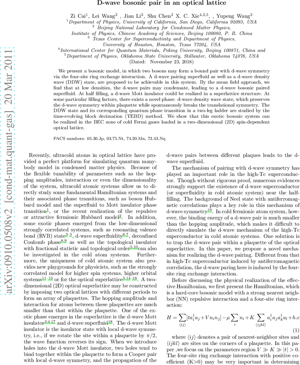 D-wave bosonic pair in an optical lattice