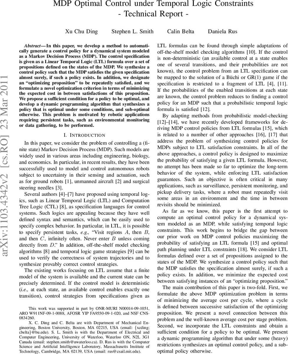 MDP Optimal Control under Temporal Logic Constraints