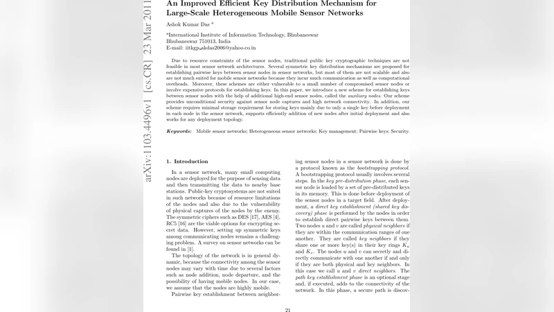 An Improved Efficient Key Distribution Mechanism for Large-Scale   Heterogeneous Mobile Sensor Networks