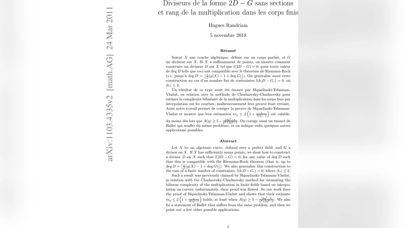 Diviseurs de la forme 2D-G sans sections et rang de la multiplication   dans les corps finis (Divisors of the form 2D-G without sections and bilinear   complexity of multiplication in finite fields)