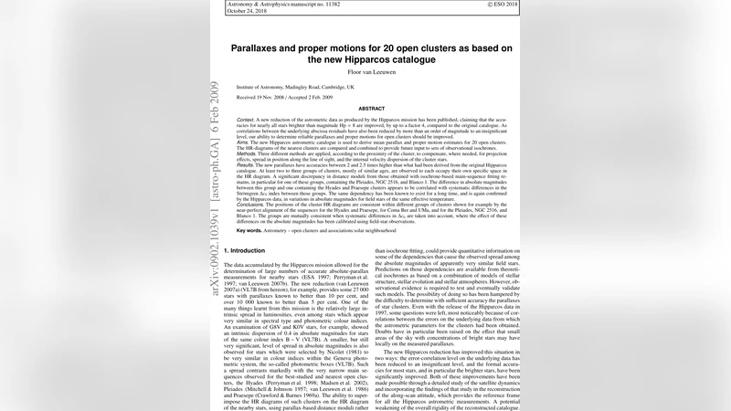 Parallaxes and proper motions for 20 open clusters as based on the new   Hipparcos catalogue