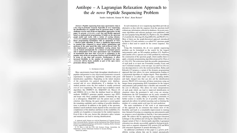 Antilope - A Lagrangian Relaxation Approach to the de novo Peptide   Sequencing Problem