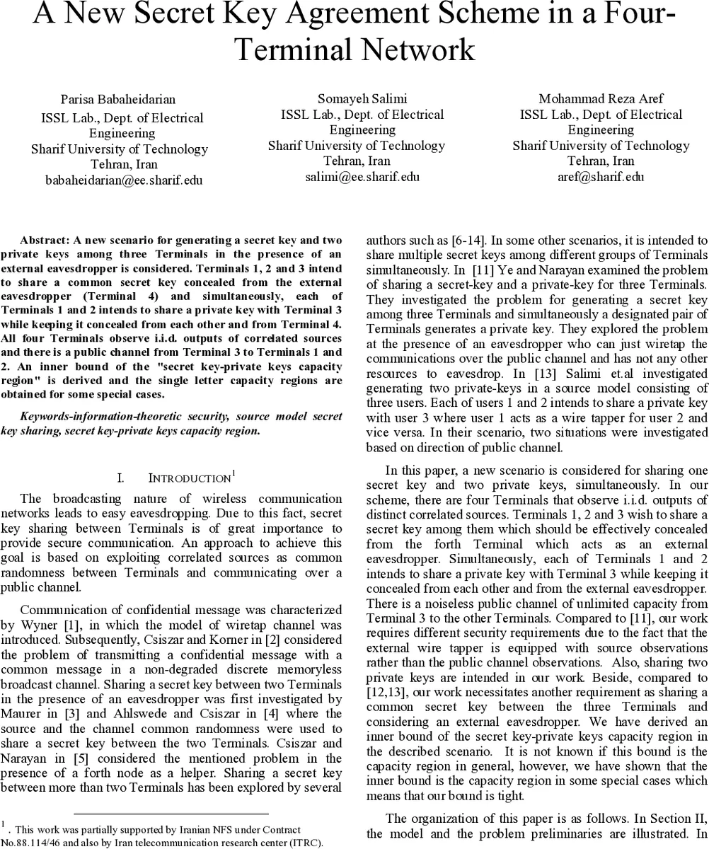 A New Secret key Agreement Scheme in a Four-Terminal Network
