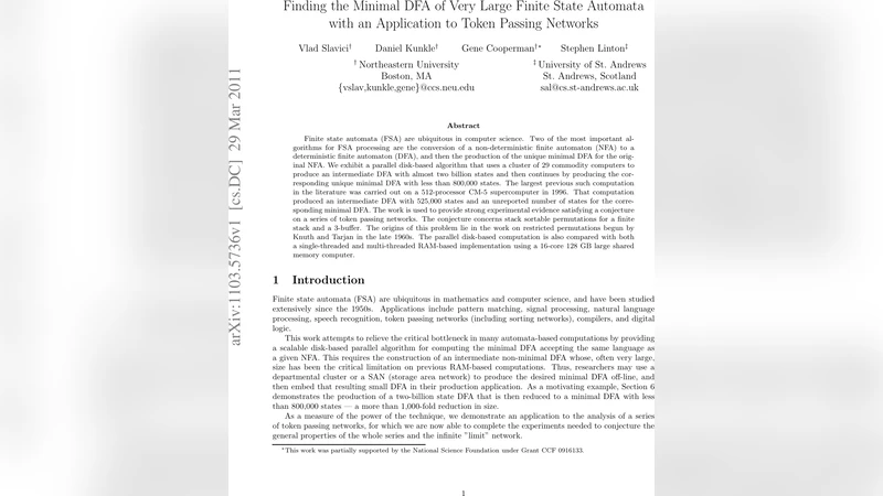 Finding the Minimal DFA of Very Large Finite State Automata with an   Application to Token Passing Networks