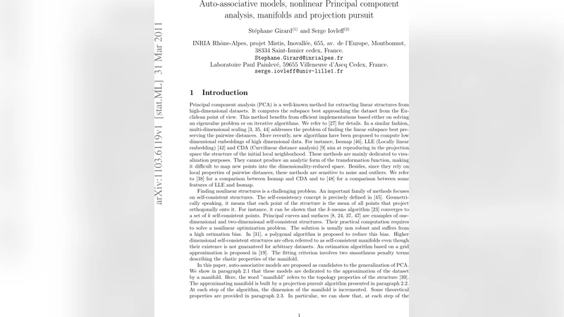 Auto-associative models, nonlinear Principal component analysis,   manifolds and projection pursuit