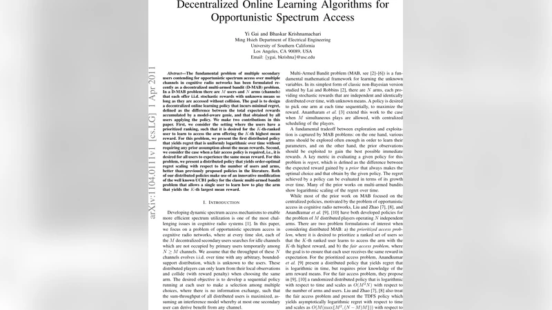 Decentralized Online Learning Algorithms for Opportunistic Spectrum   Access