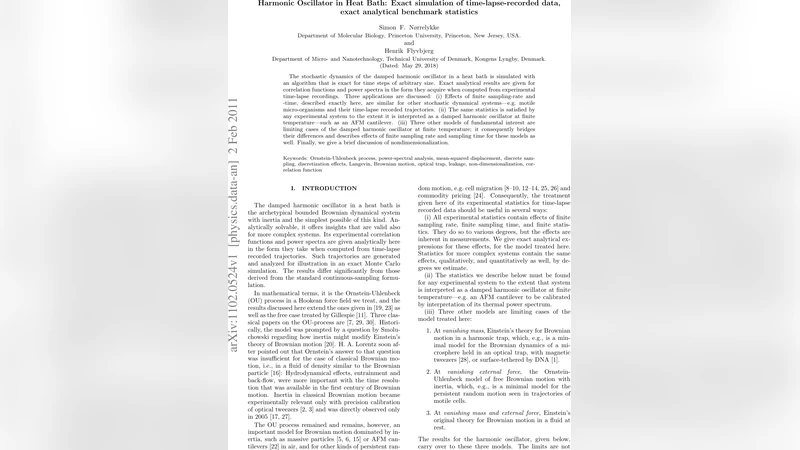 Harmonic Oscillator in Heat Bath: Exact simulation of   time-lapse-recorded data, exact analytical benchmark statistics