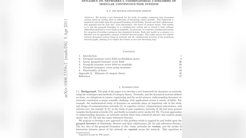 Dynamics on networks I. Combinatorial categories of modular   continuous-time systems
