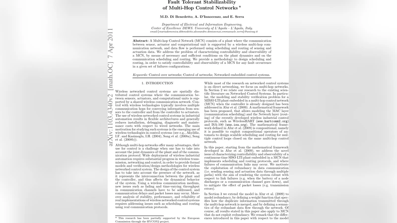 Fault Tolerant Stabilizability of Multi-Hop Control Networks