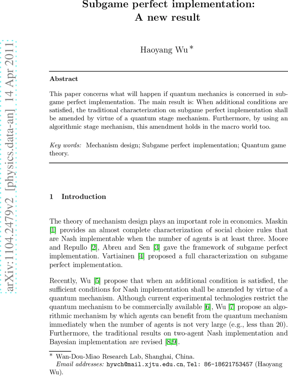 Subgame perfect implementation: A new result