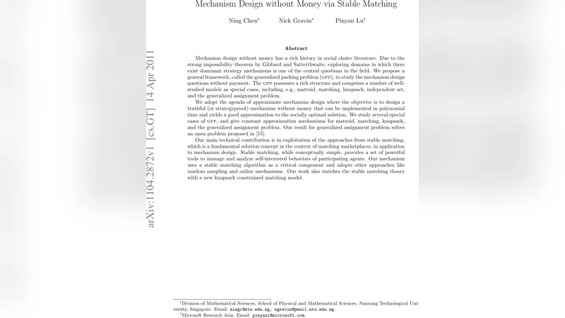 Mechanism Design without Money via Stable Matching