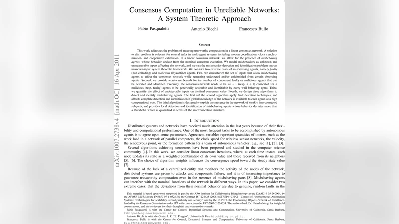 Consensus Computation in Unreliable Networks: A System Theoretic   Approach