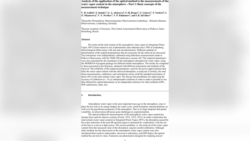 Analysis of the application of the optical method to the measurements of   the water vapor content in the atmosphere - Part 1: Basic concepts of the   measurement technique