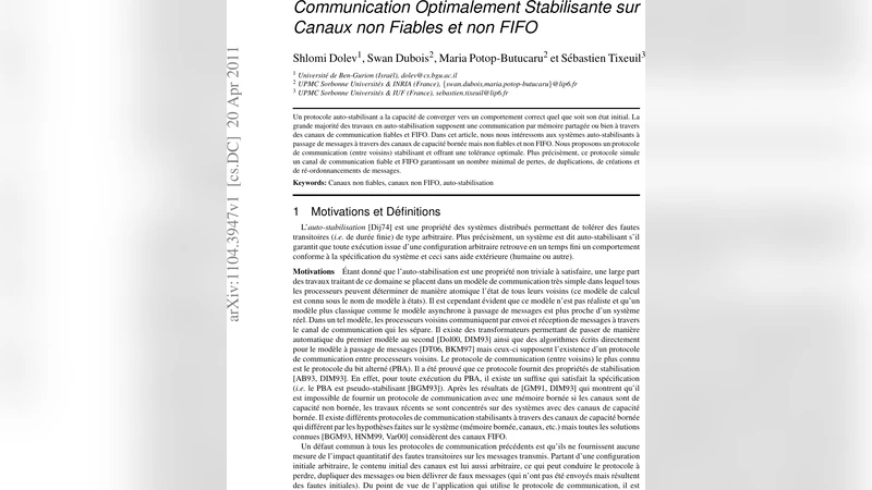 Communication Optimalement Stabilisante sur Canaux non Fiables et non   FIFO