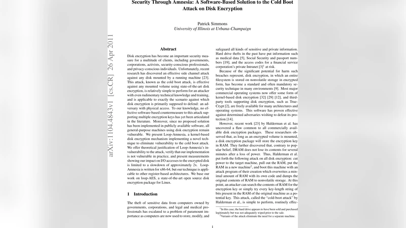 Security Through Amnesia: A Software-Based Solution to the Cold Boot   Attack on Disk Encryption