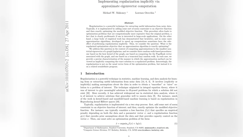 Implementing regularization implicitly via approximate eigenvector   computation