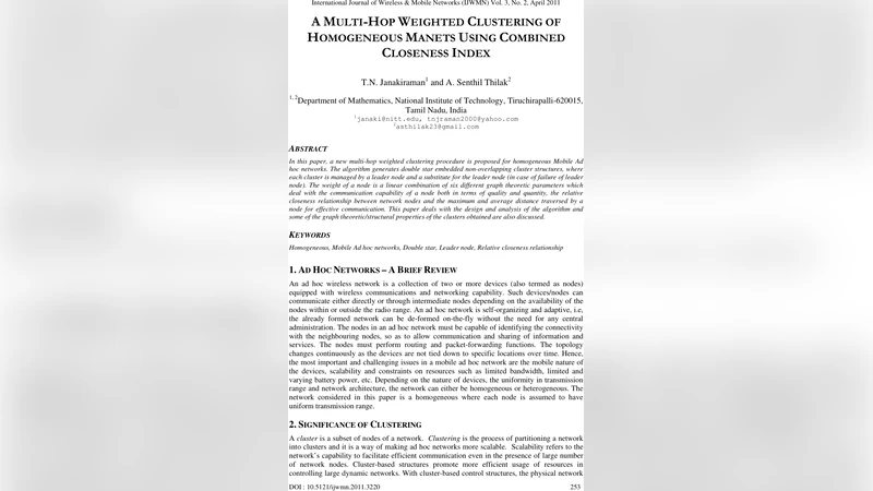 A Multi-Hop Weighted Clustering of Homogenous MANETs Using Combined   Closeness Index