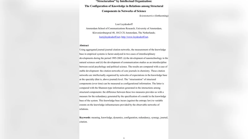 "Structuration" by Intellectual Organization: The Configuration of   Knowledge in Relations among Structural Components in Networks of Science