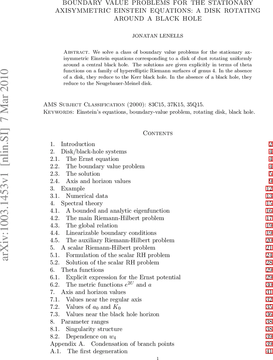 Boundary value problems for the stationary axisymmetric Einstein   equations: a disk rotating around a black hole