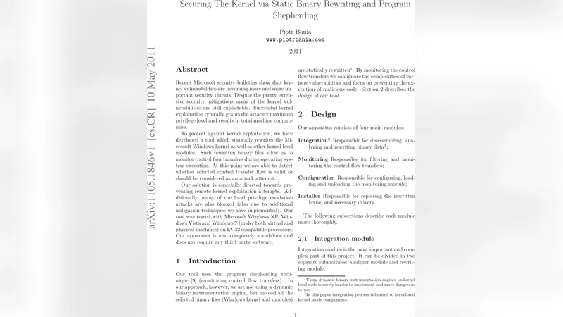 Securing The Kernel via Static Binary Rewriting and Program Shepherding