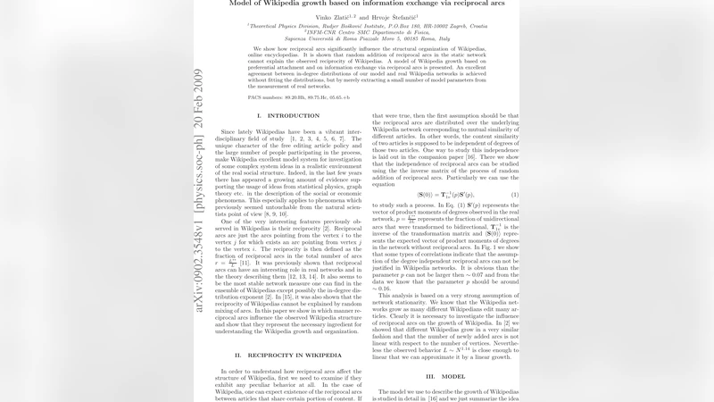 Model of Wikipedia growth based on information exchange via reciprocal   arcs