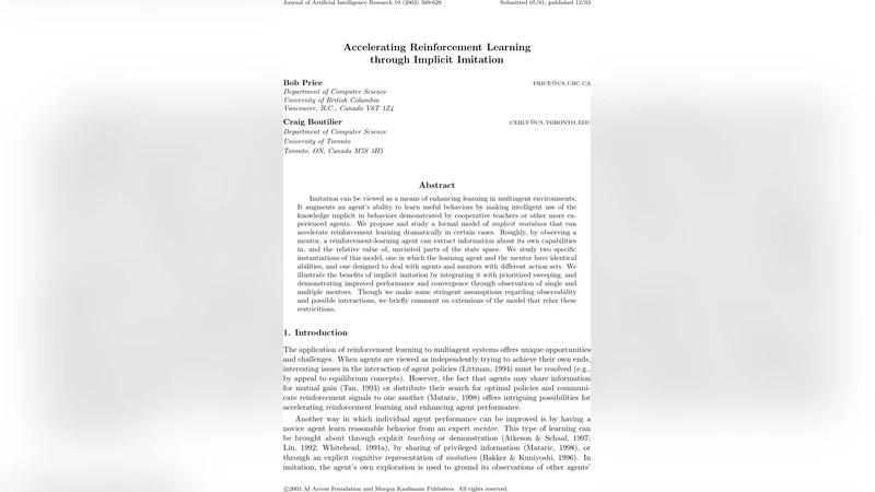 Accelerating Reinforcement Learning through Implicit Imitation