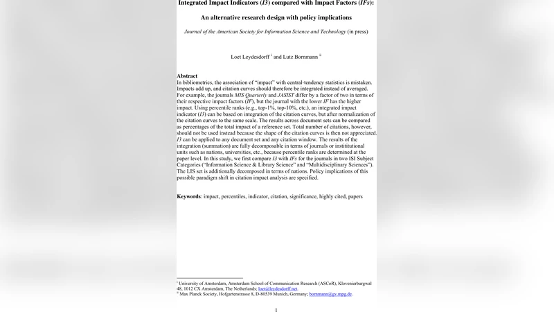 Integrated Impact Indicators (I3) compared with Impact Factors (IFs): An   alternative research design with policy implications