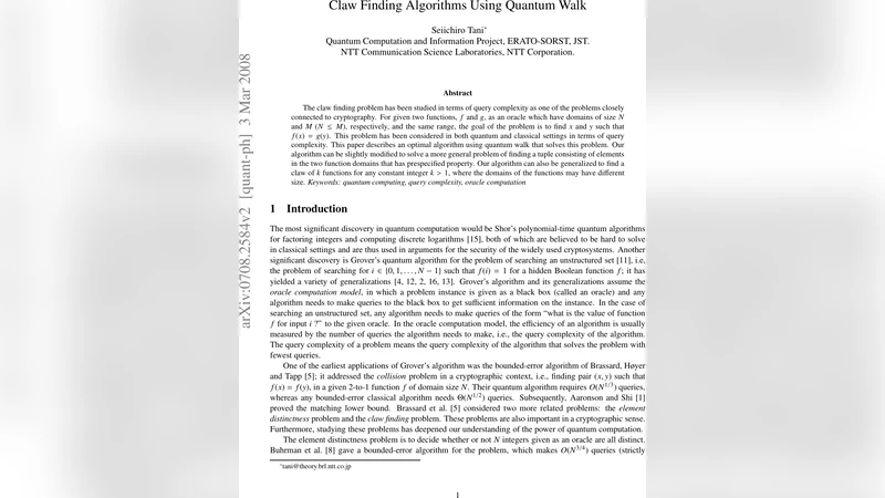 Claw Finding Algorithms Using Quantum Walk