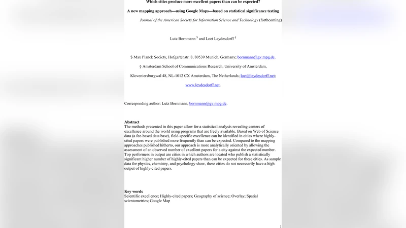 Which cities produce excellent papers worldwide more than can be   expected? A new mapping approach--using Google Maps--based on statistical   significance testing