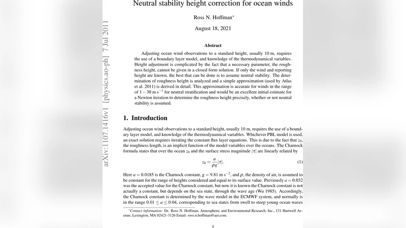 Neutral stability height correction for ocean winds
