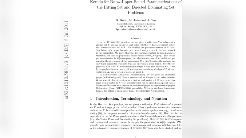 Kernels for Below-Upper-Bound Parameterizations of the Hitting Set and   Directed Dominating Set Problems