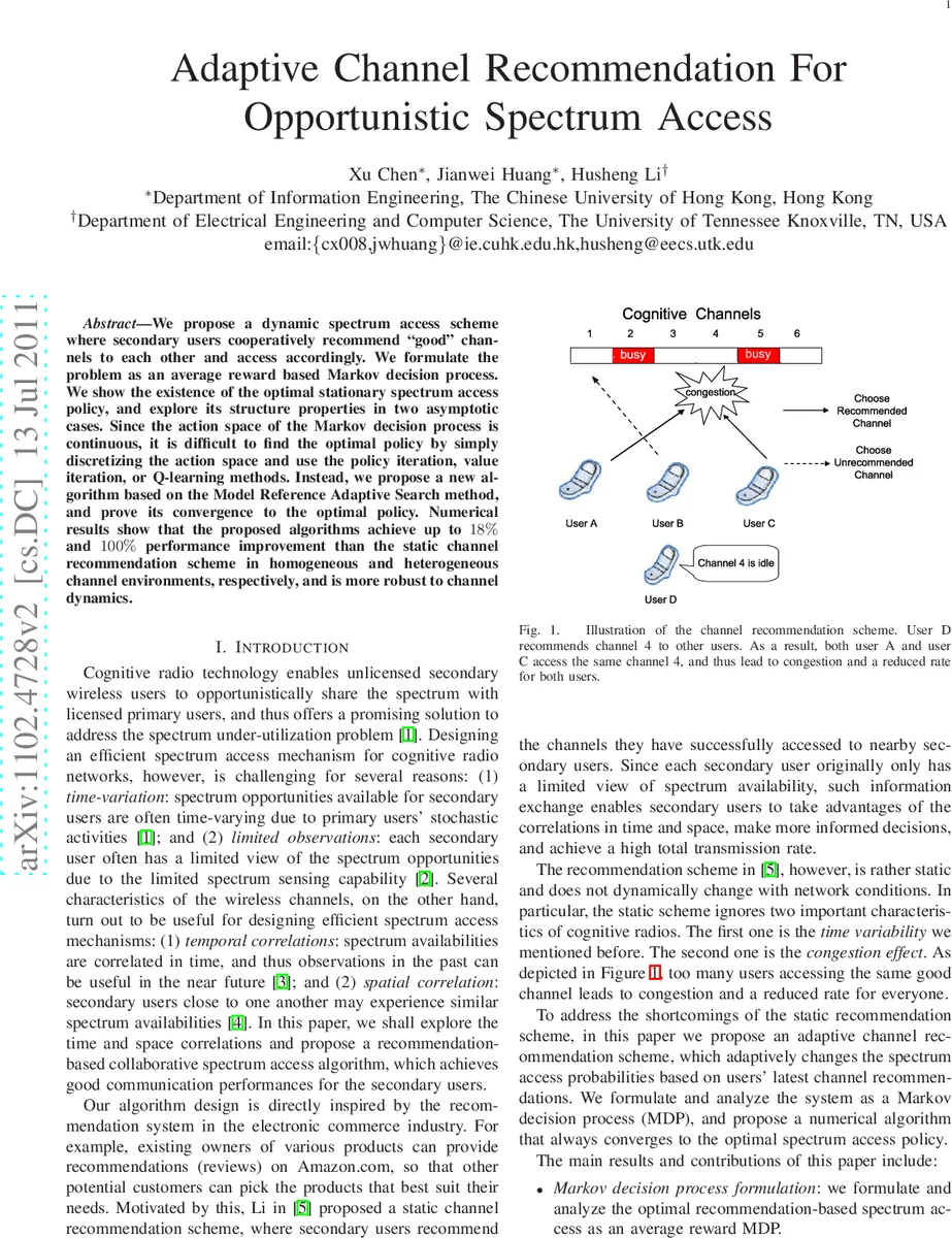 Adaptive Channel Recommendation For Opportunistic Spectrum Access