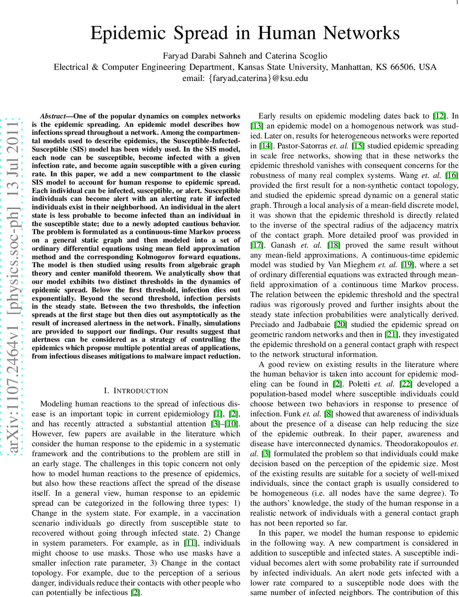 Epidemic Spread in Human Networks