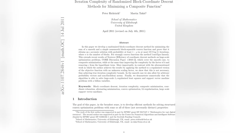 Iteration Complexity of Randomized Block-Coordinate Descent Methods for   Minimizing a Composite Function