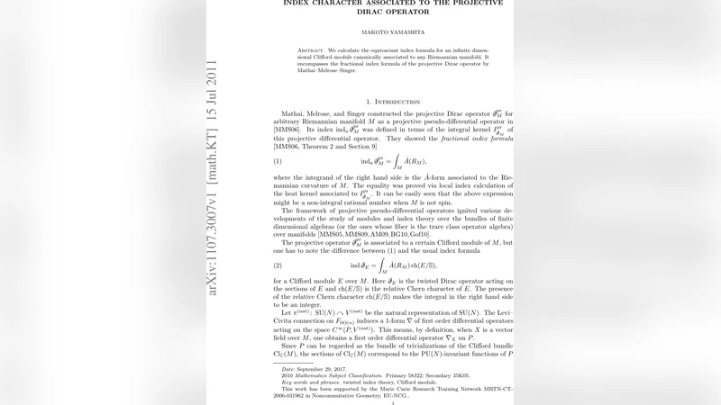 Index character associated to the projective Dirac operator