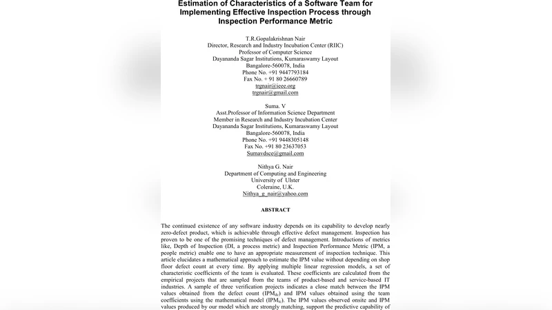 Estimation of Characteristics of a Software Team for Implementing   Effective Inspection Process through Inspection Performance Metric