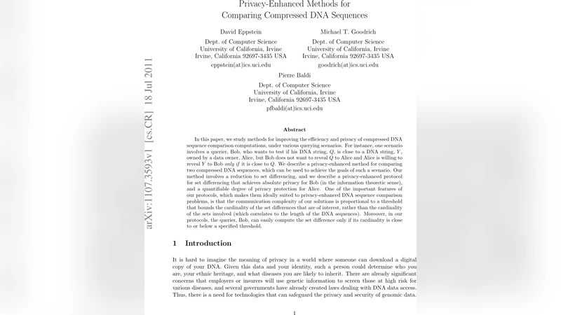 Privacy-Enhanced Methods for Comparing Compressed DNA Sequences