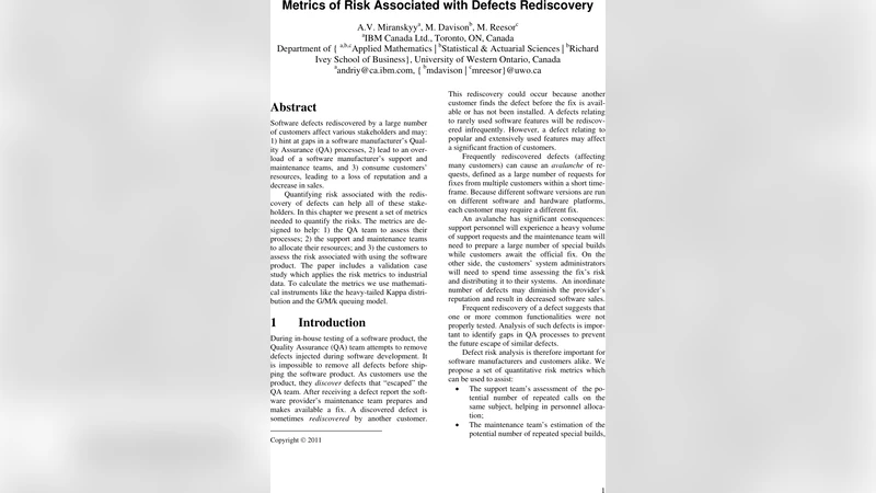 Metrics of Risk Associated with Defects Rediscovery