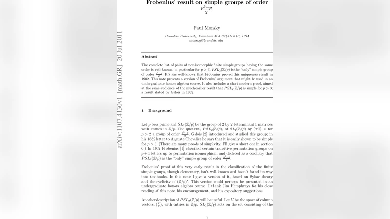 Frobenius result on simple groups of order (p^3-p)/2