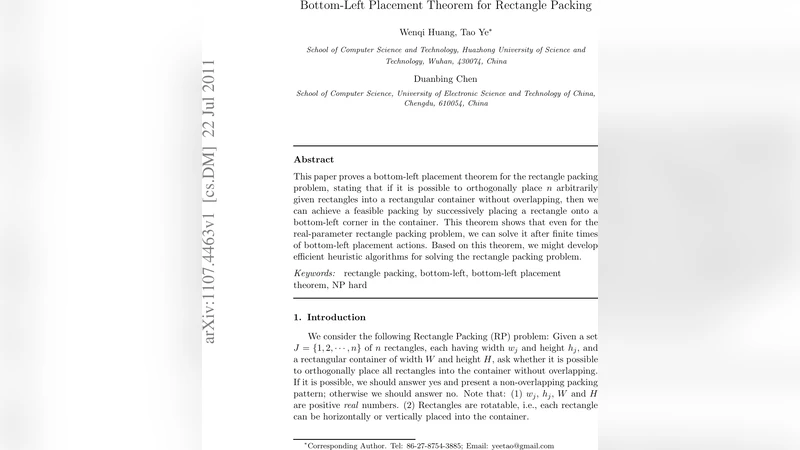 Bottom-Left Placement Theorem for Rectangle Packing