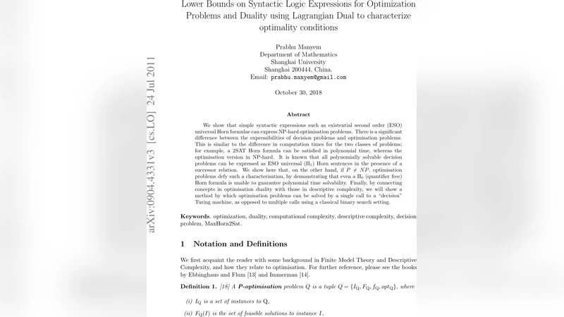 Lower Bounds on Syntactic Logic Expressions for Optimization Problems   and Duality using Lagrangian Dual to characterize optimality conditions