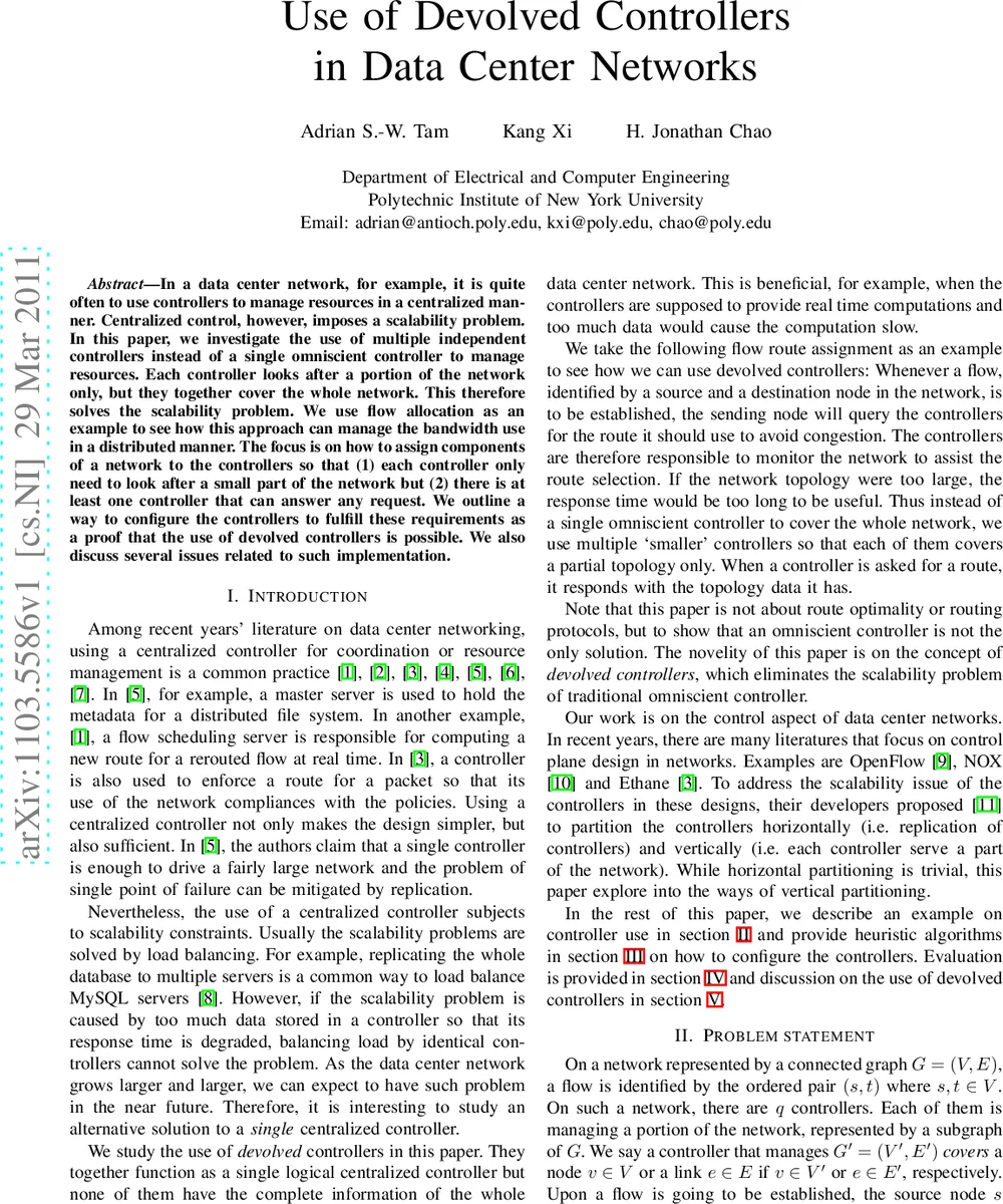 Use of Devolved Controllers in Data Center Networks