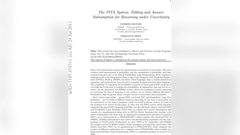 The PITA System: Tabling and Answer Subsumption for Reasoning under   Uncertainty