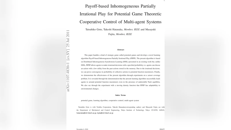 Payoff-based Inhomogeneous Partially Irrational Play for Potential Game   Theoretic Cooperative Control of Multi-agent Systems