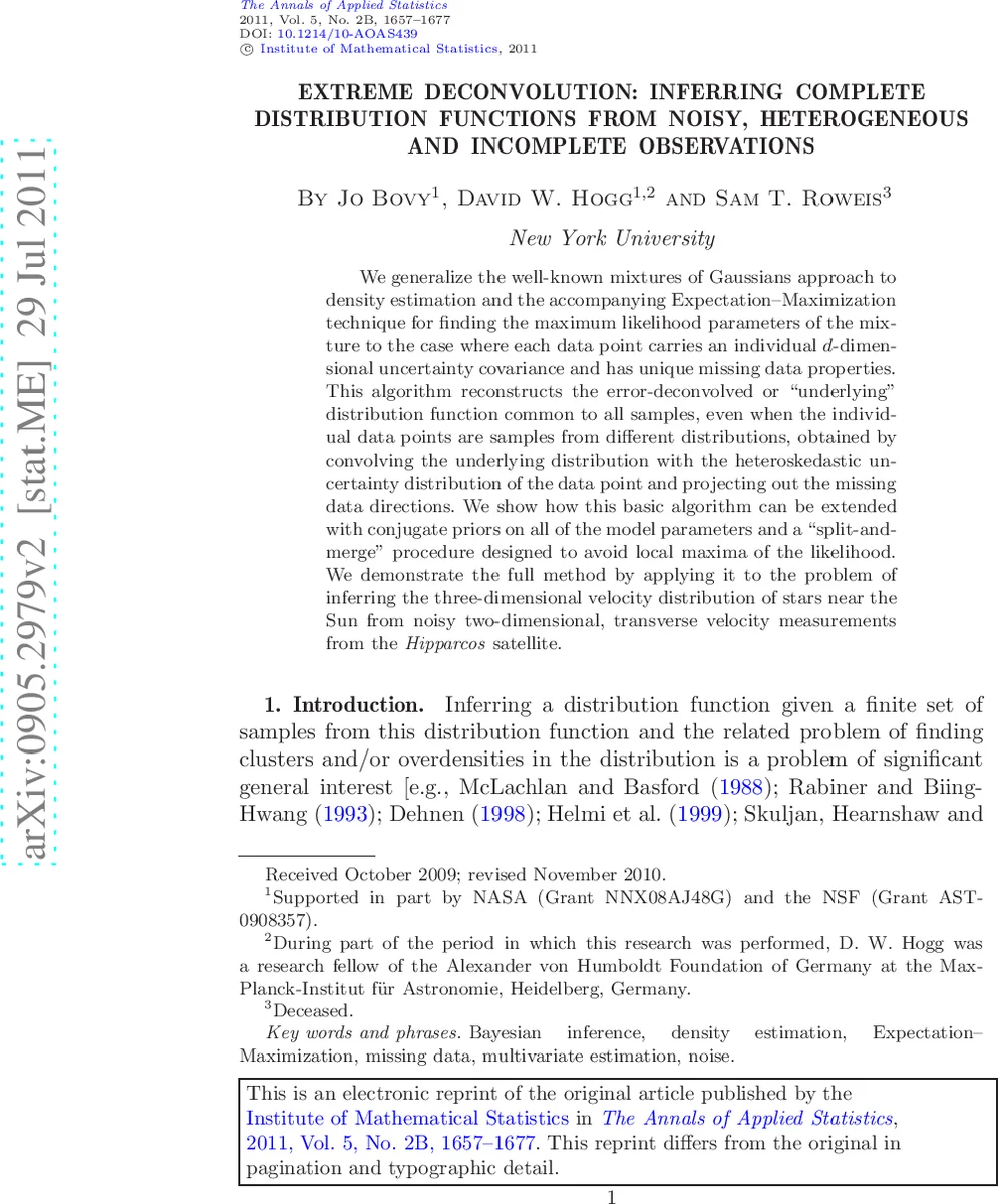 Extreme deconvolution: Inferring complete distribution functions from   noisy, heterogeneous and incomplete observations
